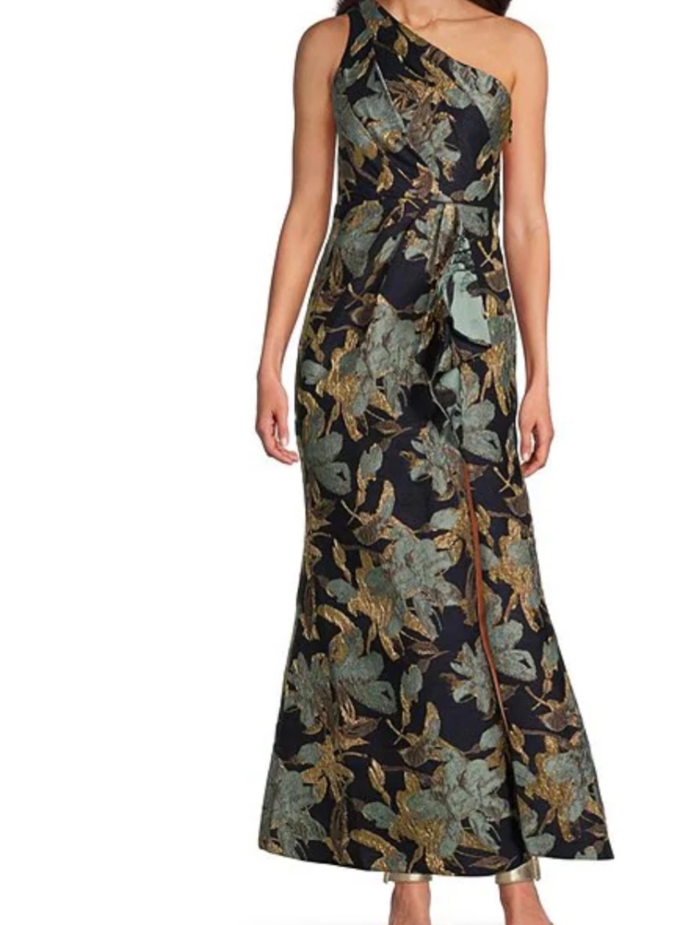 Adrianna Papell One-Shoulder Navy and gold Floral Jacquard Evening Dress
